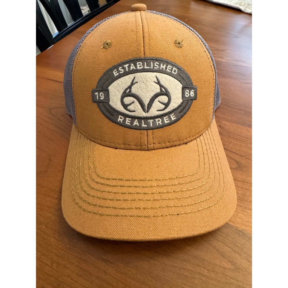 Realtree Established 1986 Trucker Hat Tan Grey Mesh Snapback Outdoor Cap Mens